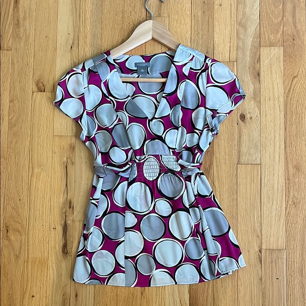 Ann Taylor Pink and Gray Cap Sleeve Wrap Blouse
